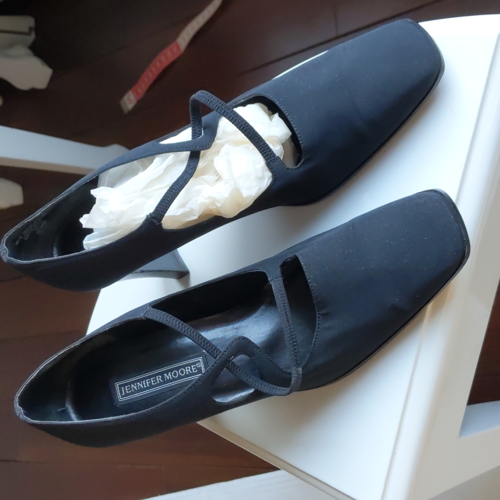 Jennifer Moore vegan black versatile block heels cris cross details